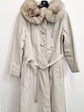 Womens Vintage Long French Gray Leather Trench Coat with Rabbit Fur Collar